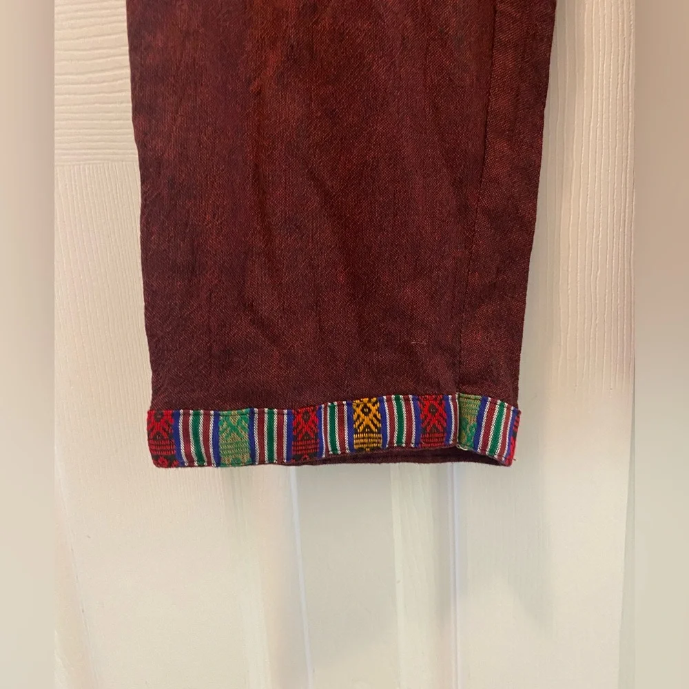 Unisex | Burgundy Embroidered Contrast Trim | Tibetan Cargo Pants | Shmedium - Picture 5 of 7